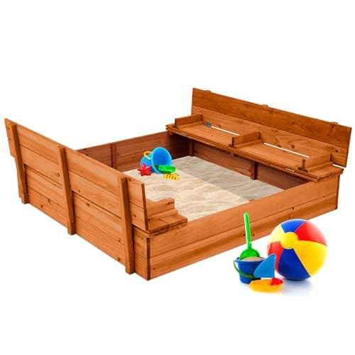 Best Choice Products Large Outdoor Wooden Sand Box for Kids, Sandbox with Cover, Bench Seats Support up to 220 lbs, Bottom Liner for Drainage, Cedar Wood - Brown view 1
