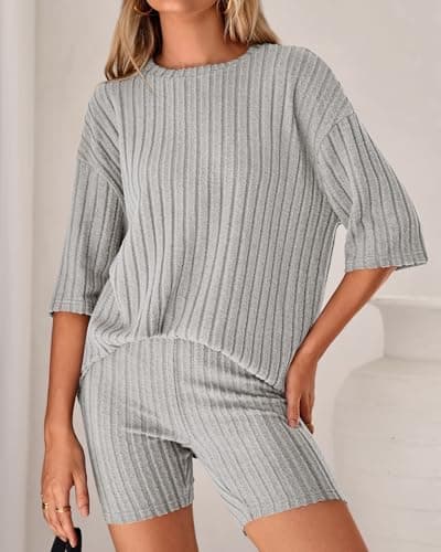 KIRUNDO Short Sets For Women Summer 2 Piece Matching Lounge Sets Casual Rib Knit Tshirts Biker Shorts Beach Vacation Outfits view 3
