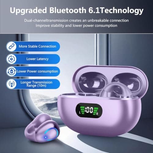 Open Ear Headphones Bluetooth 6.1 Wireless Comfort Clip On Earbuds Purple | Bone Conduction with Digital Display Charging Case Sport Earphones Built-in Mic Waterproof for Running Fitness Exercise view 4