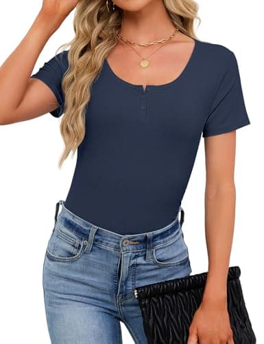 JUSTFASHIONNOW Womens Short Sleeve Tops Stretchy Henley Scoop Neck Fitted Casual Basic Ribbed T-Shirts 2026 Summer Trendy view 3