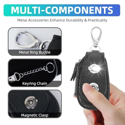 SKvoen Black Genuine Leather Car Key Pouch Fob Case for Universal Car Keys Cover, Key Chain Keychain Holder Metal Hook and Keyring Zipper Bag for Remote Key Fob view 3