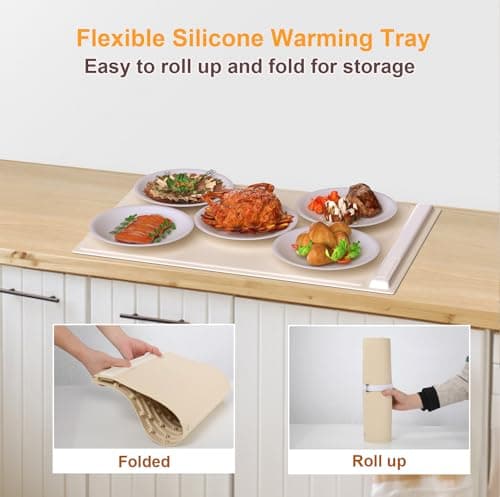 Electric Warming Tray with Adjustable Temperature, Upgraded Silicone Food Warmer Fast Heating, Foldable Food Warmer Hot Plate Placemat for Buffets, Restaurants, House Parties (Beige) view 3