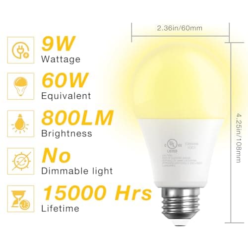 DAYBETTER 20 Pack A19 LED Light Bulbs, 60 Watt Equivalent LED Bulbs, Long Lifespan High Brightness 800LM Warm White 2700K, E26 Standard Base Light Bulbs for Home Bedroom Office, Non-Dimmable view 3