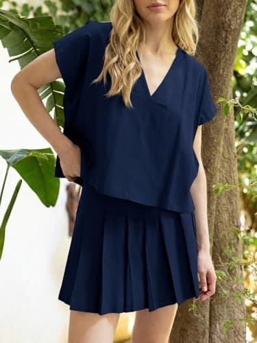 Wenrine Womens 2 Piece Skirt Sets Summer Casual V Neck Crop Tops Pleated Mini Skort Skirts Vacation Outfits Matching Sets view 3