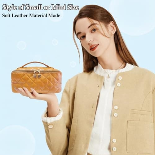 STOMKIRE Brown Soft Leather Small Makeup Bag for Purse Small Makeup Pouch Cute Cosmetic Bag Mini Travel Toiletry Bag Quilted Lay Flat Make up Bag for Women view 3