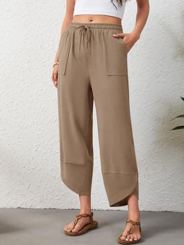Jiflora Women's Harem Cotton Linen Pants Wide Leg Capri Beach Pants Palazzo Cropped Drawstring Trousers with Pockets view 3