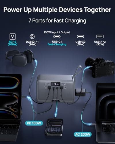 DARAN R200 Portable Power Station 192Wh, 200W(400W Peak) Compact Power Bank | 100W PD Fast Charge, 2 AC Outlets, LiFePO4 Solar Generator with LED Light for Laptop, Camping, Hunting, Travel, Home Blackout view 3