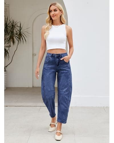 LookbookStore Barrel Jeans for Women High Waisted Cropped Wide Leg Trendy Baggy Distressed Stretchy Denim Jean Pants view 5