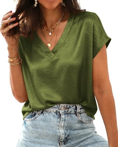 RUMIA Short Sleeve Satin Blouses Tops for Women- Ladies V Neck Blouse Shirt Dressy Casual Bussiness Work Outfit view 4