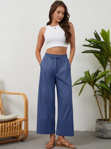 grewley Womens Linen Pants Cotton Boho Loose Palazzo Pants Wide Leg Long Lounge Trousers Drawstring with Pockets Beach view 5