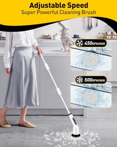 Electric Spin Scrubber for Cleaning Bathroom, Shower Scrubber Cordless Cleaning Brush with IPX7 Waterproof & 2 Speed, 3 Brush Heads, Bathroom Cleaning Supplies for Shower Tub Kitchen Tile Toilet White view 3