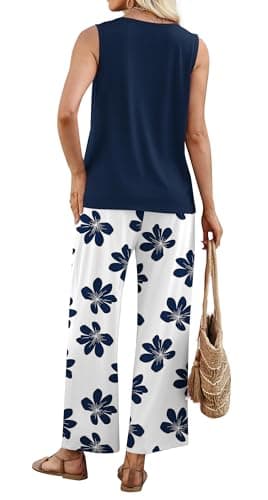 WIHOLL Two Piece Sets for Women Summer Spring Outfits Tank Square Neck Sleeveless Travel Vacation Lounge Wide Leg Pants Set view 5