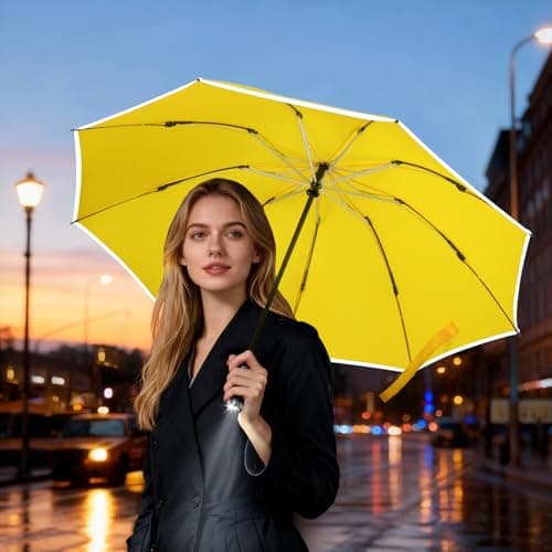 Lejorain Automatic Folding Umbrella Inverted - Upside Down Yellow Windproof Umbrella LED Flashlight Handle With Reflective Strip view 2