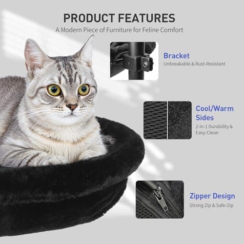 Cat Desk Bed, Heavy Duty Steel Clamp-On Various Desktops, Machine Washable Reversible Cat Beds for Large & Kitten, 360° Rotating Height Adjustable, Indoor Cats Nest Furniture Supports 45lbs, Black view 2