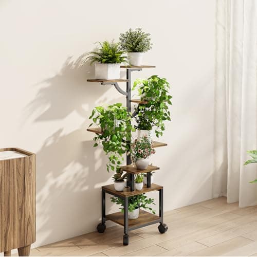 Plant Stand Indoor with Grow Lights - 7-Tier Plant Stand with Wheels, Tall Metal and Wood Indoor Plant Shelf with Tree Design, Rolling Flower Pot Holder Rack with Waterproof Finish, Adjustable Display Stand for Home Garden, Patio, 41" Tall view 3