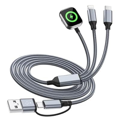 3 in 2 Multi Charging Cable for iWatch Charger/IP/USB C,Travel Cruise Essentials,Braided USB A/C Cable Designed for Multiple Devices,Compatible with iWatch Ultra/SE/11-1 & iPhone 17-11,Gray(5FT)