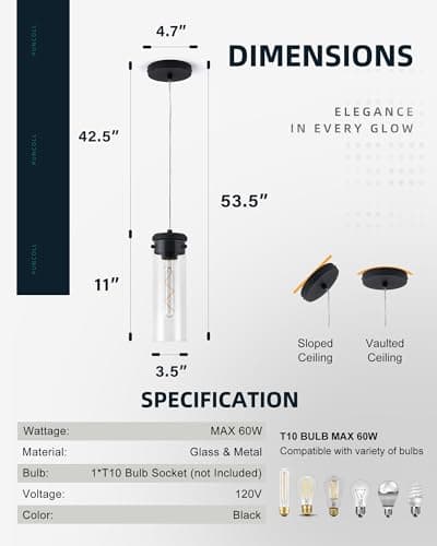 puncoll Clear Glass Pendant Lights - Industrial Black Pendant Light Fixtures for Kitchen Island - 1-Light Hanging Lights, H3955-1-CLBK view 6