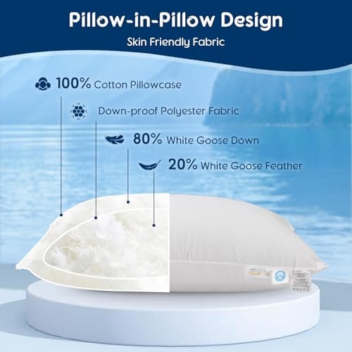 LBRO2M Canadian Fluffy Goose Down Pillow King Size 1050 Fill Power 80% Goose Down 20% Goose Feather Bed Pillow with 100% Cotton, Teflon Finish Shell Down Pillows Plush and Support (20"X36", Set of 2) view 4