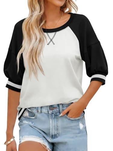 Fisoew Womens Crewneck Sweatshirt Ribbed Raglan Half Sleeve Pullover Tops Color Block Loose Fit Sweatshirts Black
