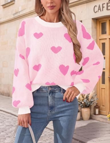 Womens Cute Heart Print Sweaters Fall Oversized Long Sleeve Pullover Tops view 4