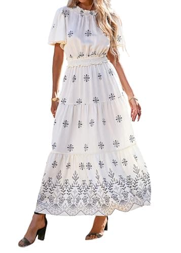 KIRUNDO Floral Maxi Dresses for Women 2026 Spring Summer Wedding Guest Short Sleeve Smocked Waist Flowy Beach Vacation Dress — image 1