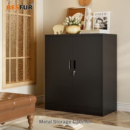 BESFUR Metal Garage Storage Cabinet with 2 Locking Doors and 2 Adjustable Shelves, 36" Black Metal Short Storage Cabinet for Home Office,Garage,School,Utility Room view 4