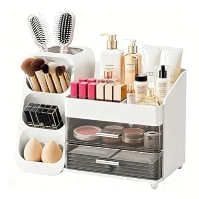 ShinyDew Makeup Organizer with Brush Holder for Vanity, Spacious Cosmetic Display Case with 2 Drawers, The Perfect Bathroom Vanity Organizer for Beauty Essentials, Skincare, Lipsticks