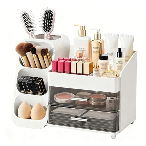 ShinyDew Makeup Organizer with Brush Holder for Vanity, Spacious Cosmetic Display Case with 2 Drawers, The Perfect Bathroom Vanity Organizer for Beauty Essentials, Skincare, Lipsticks — image 1