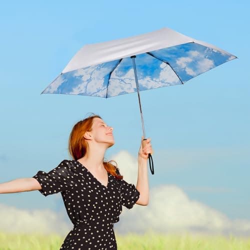 G4Free UPF 50+ UV Protection Travel Umbrella with Wooden Handle, 42 Inch Lightweight Sun Rain Folding Umbrellas Auto Open Close (Sky) view 2