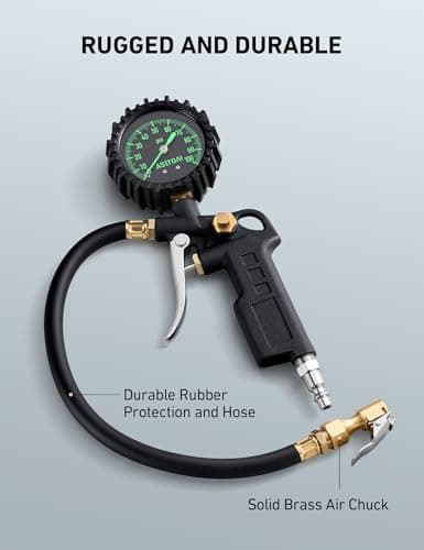 AstroAI Tire Pressure Gauge with Inflator, 100 PSI-ANSI B40.1 Accurate | Large 2.5" Easy Read Glow Dial, Heavy Duty Air Chuck and Compressor Accessories with Rubber Hose and Quick Connect Coupler view 6