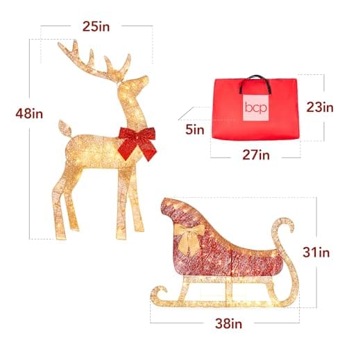 Best Choice Products 4ft Lighted 2D Reindeer & Sleigh Set, Christmas Holiday Deer & Sled Outdoor Yard Decoration w/ 140 LED Lights - Gold view 2
