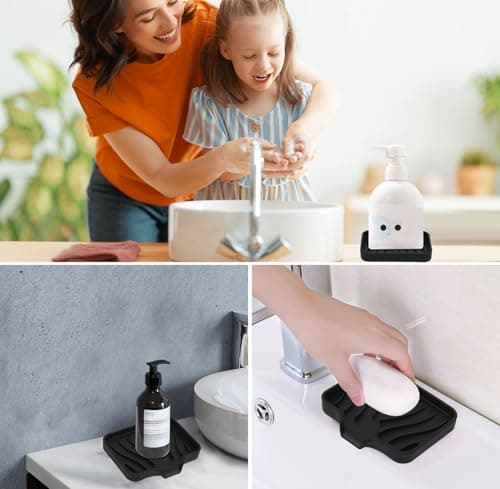 2 Pack Silicone Soap Dish with Drain, Bar Soap Holder for Shower,Bathroom and Kitchen Sink Organizer,Self Draining Waterfall Soap Tray (Black) view 5