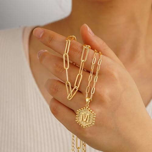 M MOOHAM Mothers Day Gifts, 14K-Gold-Plated Initial Necklaces for Women Cute Hexagon Letter Initial Necklace Layered Necklaces for Women Teen Girl Gifts view 5