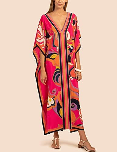 Eddoyee Kaftan Dresses for Women Batwing Sleeve Caftans Plus Size V Neck Beach Cover Up view 5