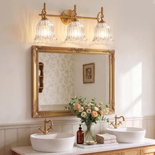 3-Light Bathroom Vanity Light for Bathroom, Brushed Gold Bathroom Light Fixtures with Ribbed Clear Bellflower Glass Shade, Vanity Lighting Fixtures Over Mirror for Bedroom Living Room Hallway Cabinet view 3