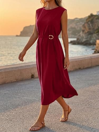 Wenrine Womens Sleeveless Midi Dress Summer Work Office Back Slit Elegant Flowy Tank Casual Vacation Dresses view 5