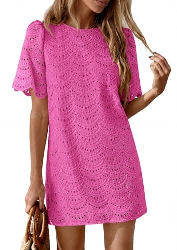 PRETTYGARDEN Women's 2026 Summer Casual Short Dresses Embroidered Lace Short Sleeve Boho Mini Dress Beach Vacation Clothes view 5