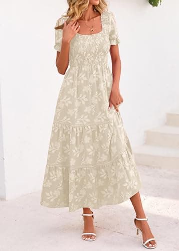 Lazysmile Women's Summer Boho Floral Maxi Dress Short Sleeve Square Neck Smocked Ruffle Elegant Wedding Guest Dress view 6
