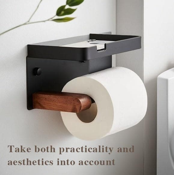 Bathroom Black Toilet Paper with Tissue Box Holder - Wall Mount Wooden Extension Rod with Widening Groove Bracket Aluminum Alloy Groove Rack for Paper Towel Holder and Wipes view 7
