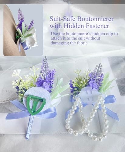 Rose Corsage and Boutonniere Set Lavender Blue Corsage Wrist and Men Boutonniere for White Wedding Party Prom Suit Decorations view 3