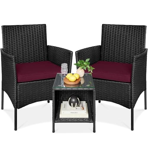Best Choice Products 3-Piece Outdoor Wicker Conversation Bistro Set, Space Saving Patio Furniture for Garden w/Side Table - Black/Deep Burgundy view 1