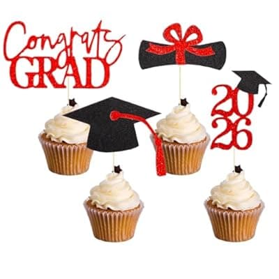 Oeyliz Graduation Cupcake Toppers 2026 Graduation Theme Cupcake Toppers Glitter 2026 Grad Cap Congrats Grad Diploma Cupcakes Toppers 24 PCS For 2026 Graduation Cake Decorations Supplies Red