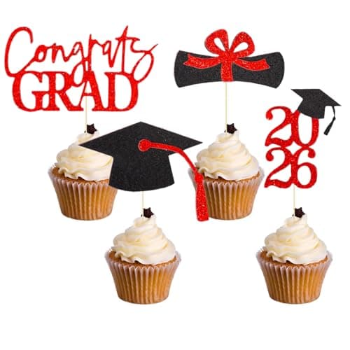 Oeyliz Graduation Cupcake Toppers 2026 Graduation Theme Cupcake Toppers Glitter 2026 Grad Cap Congrats Grad Diploma Cupcakes Toppers 24 PCS For 2026 Graduation Cake Decorations Supplies Red — image 1