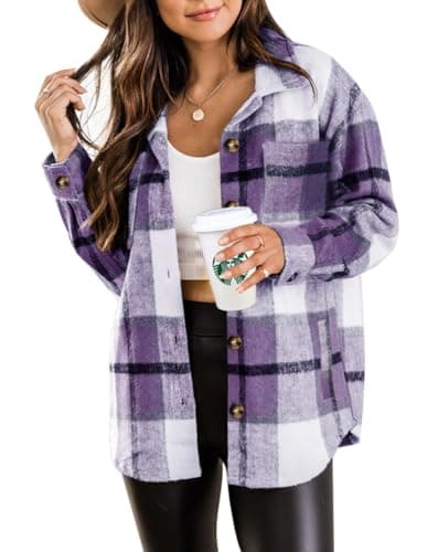 Beaully Womens Casual Plaid Brushed Flannel Button Down Pocketed Shirt Jacket Shackets Coats 6025 Purple Large
