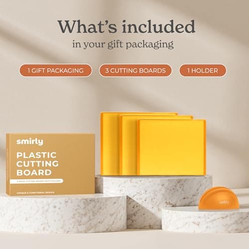 SMIRLY Plastic Cutting Board Set with Holder 3 Pieces, Non-Slip Dishwasher Safe Chopping Boards for Kitchen, Yellow view 3