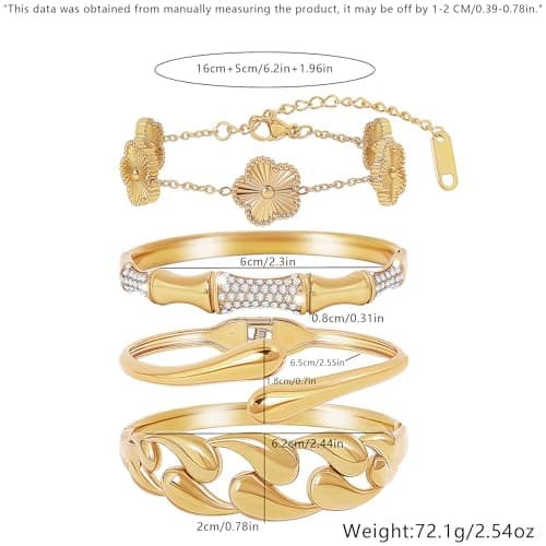 Womens Stackable Floral Gold Bracelets - 4Pcs 18K Gold Plated Bracelet,Stainless Steel Bangle Bracelets Non Tarnish,Gold Bracelet Set Fashion Jewelry,Valentines Birthday Christmas Jewelry Gifts view 7
