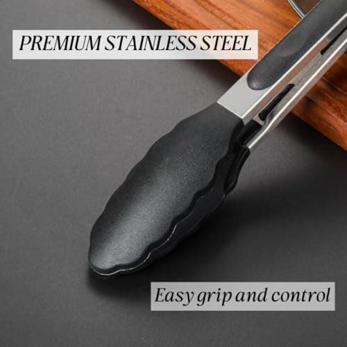 Kitchen Tongs Stainless Steel Locking with Silicon Tips Heat Resistant for Cooking, Set of 2-7" and 9" Black view 6