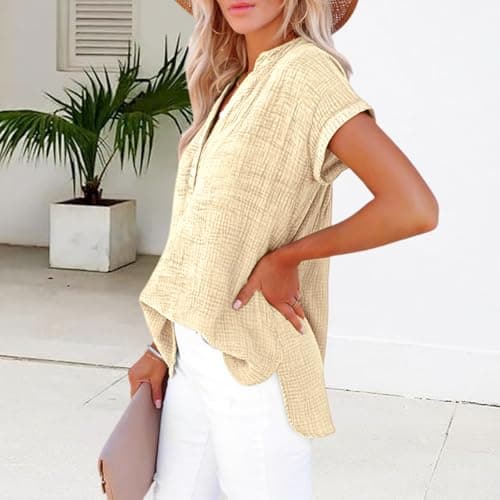 Gauze Tops for Women Casual Summer 2026 Boho Tops Button V Neck Short Sleeve Shirts Lightweight Cotton Blouses view 3