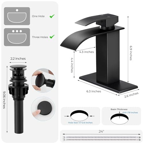RNDIOZD Matte Black Bathroom Faucet with Waterfall Spout and Pop-up Drain | SUS 304 Stainless Steel, Single Handle, 1 or 3 Hole Sink, Vanity Faucet, Deck Plate, Supply Hoses, NSF372 NSF61 cUPC view 2