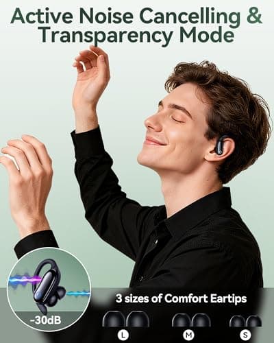 GNMN Active Noise Cancelling Ear Buds Wireless Earbuds 96hrs Playback Bluetooth Headphones Dual Battery Display Stereo Bass Earphones with Earhooks Microphone IPX7 Waterproof Headset for Sports/Gym view 2